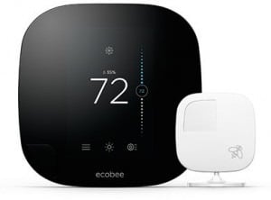 The ecobee 3 thermostat LCD touch screen and remote sensor with detachable stand.