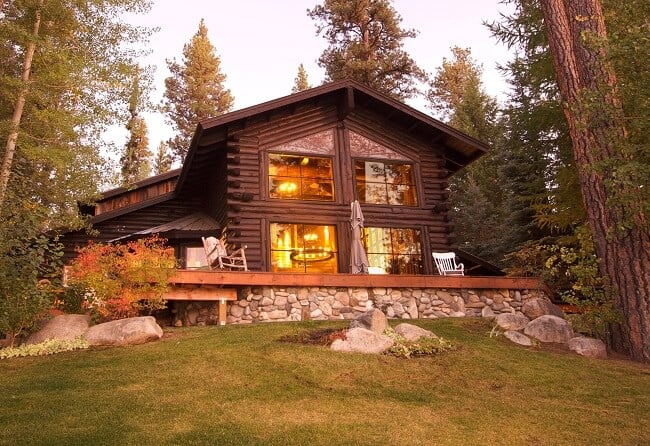 log cabin in fall