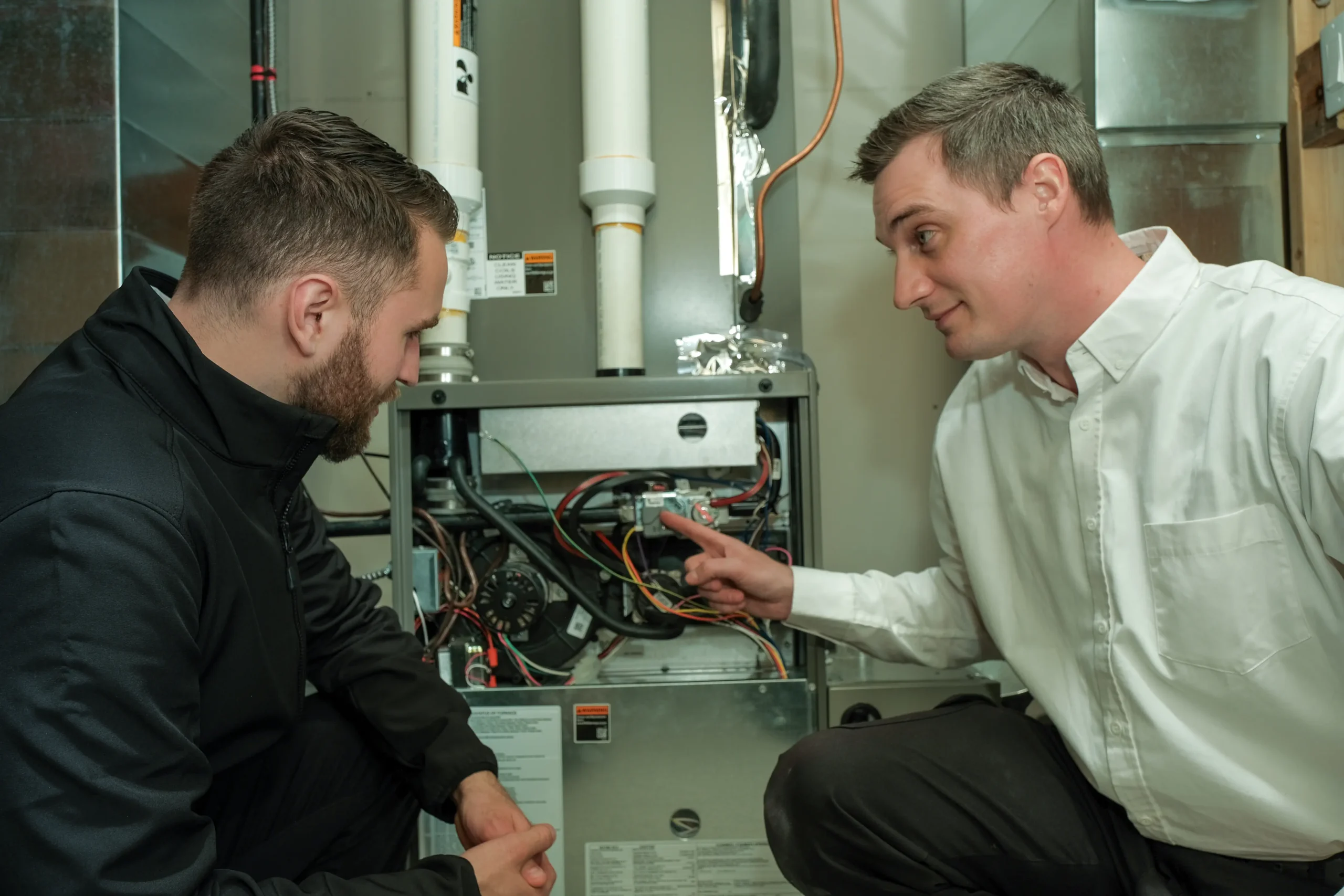 Two technicians are kneeling beside an open gas furnace, with one pointing to the wiring during a diagnostic inspection.
