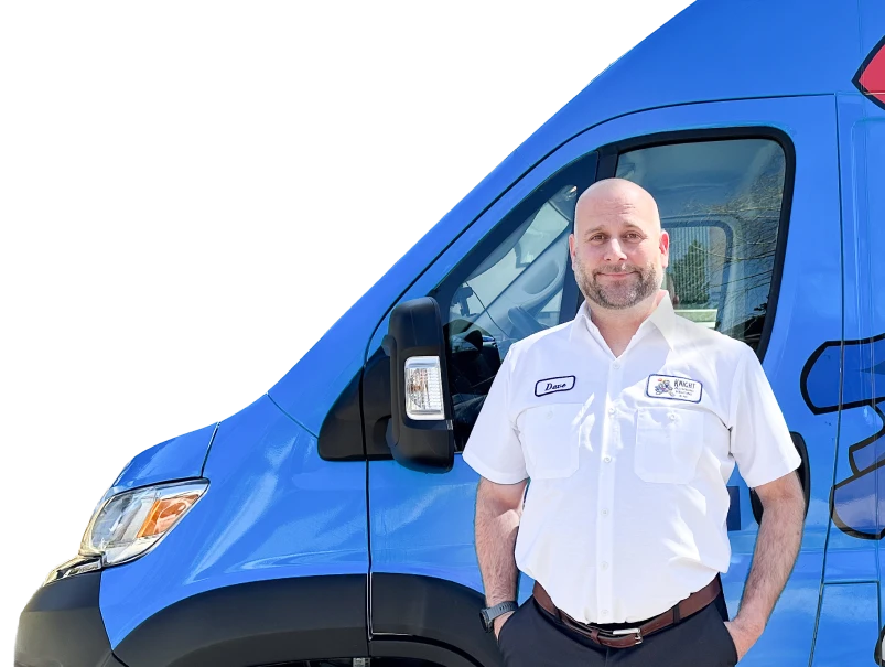 Two Knight Plumbing technicians smiling in front of their green service van, wearing issued jackets during an on-site consultation. Two Knight Plumbing technicians smiling in front of their green service van, wearing issued jackets during an on-site consultation.