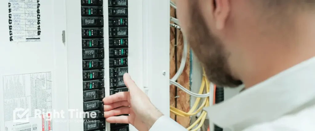 Licensed electrician checking breakers on a home’s electrical panel as part of surge protection in Calgary.