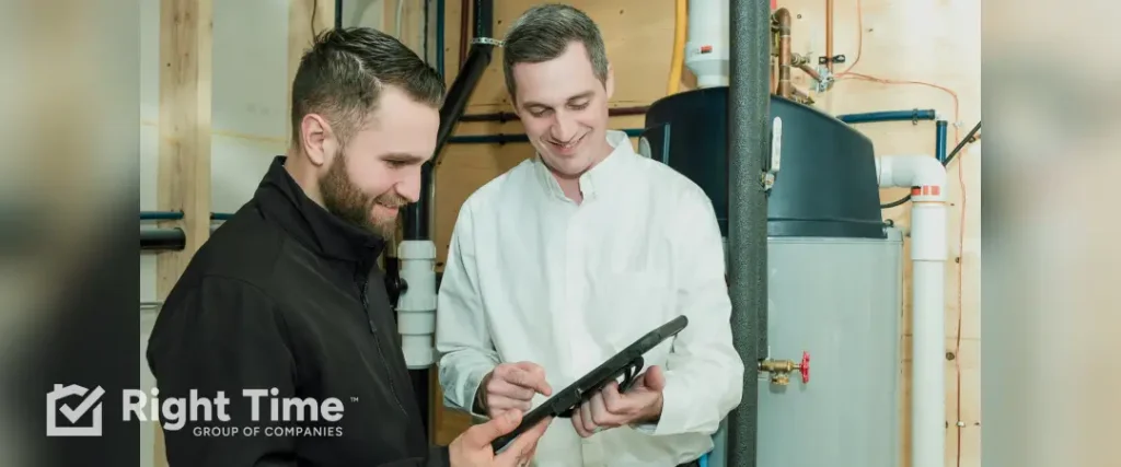 Knight Plumbing technician reviewing air conditioning costs with a homeowner on a tablet in Calgary.