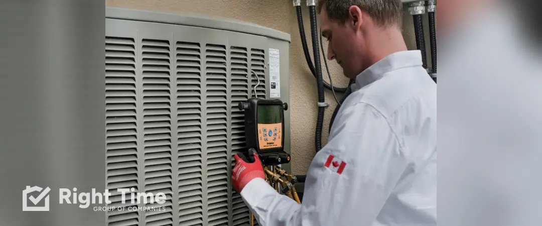 Technician checking an outdoor air conditioner unit during a summer efficiency inspection in Calgary.