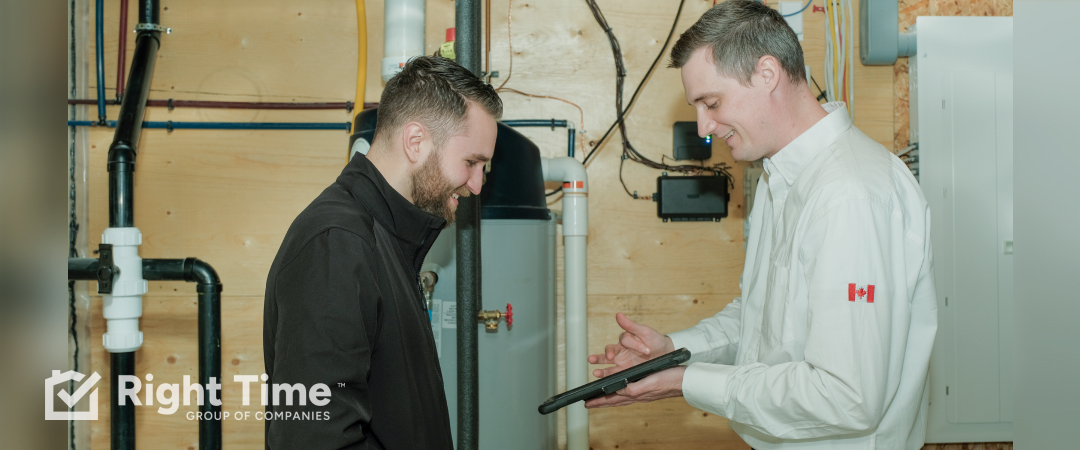 HVAC technician reviewing a pre-season AC maintenance checklist with a homeowner on a tablet in a Calgary home utility room.
